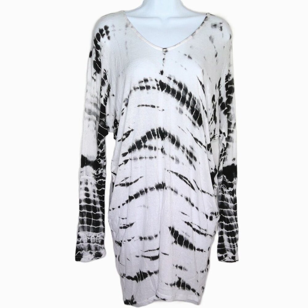 Enti Tie Dye Tunic Length Top Black & White Long Sleeve V-Neck Stretch EUC Sz S